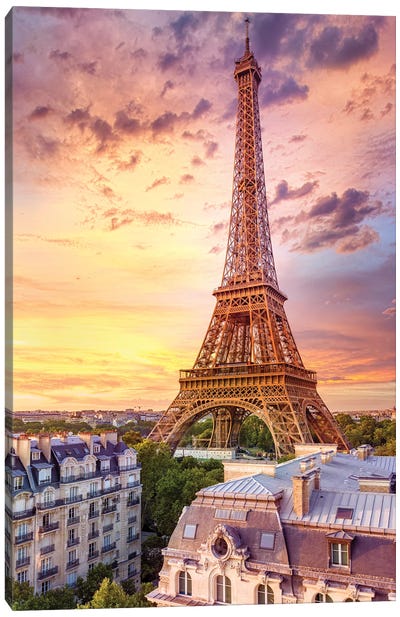 Romantic Sunset Eiffel Tower Paris Canvas Art Print - Famous Architecture & Engineering