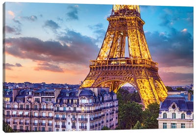 Romantic Night Eiffel Tower Paris Canvas Art Print - Famous Buildings & Towers