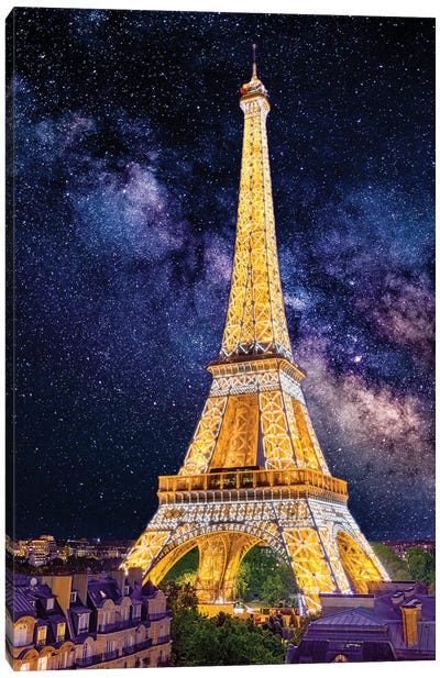 Under The Stars, Eiffel Tower Paris Canvas Art Print - Famous Buildings & Towers