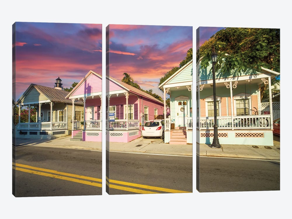 Colorful Homes in Key West, Florida by Susanne Kremer 3-piece Canvas Art Print