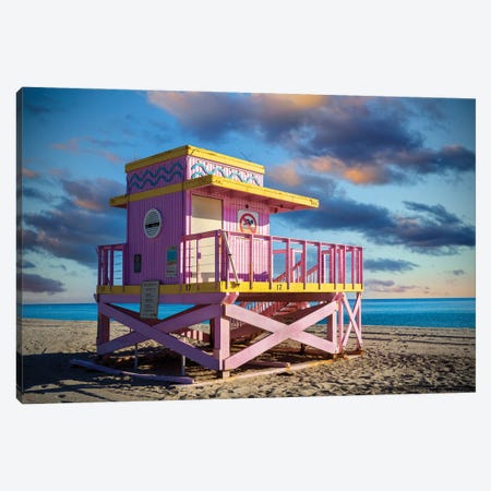 Pink Lifeguard House South Florida Sunrise Canvas Print #SKR445} by Susanne Kremer Canvas Wall Art