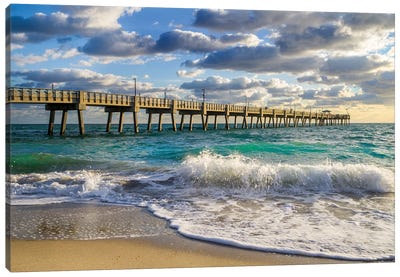 Florida Beach Pier,High Tide Waves,Miami,Florida Canvas Art Print - Nautical Scenic Photography