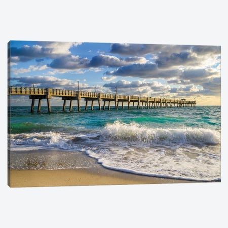 Florida Beach Pier,High Tide Waves,Miami,Florida Canvas Print #SKR446} by Susanne Kremer Canvas Artwork