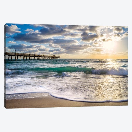 Beach Pier,Early Morning Waves,Miami Florida Canvas Print #SKR447} by Susanne Kremer Canvas Artwork