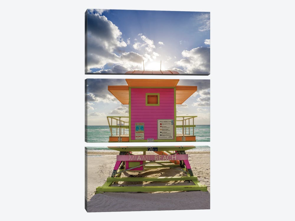 Pink Lifeguard House Vertical, Miami Beach, Florida by Susanne Kremer 3-piece Canvas Wall Art