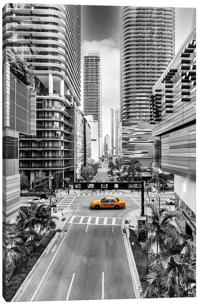Sunshine Cab, Miami Downtown Canvas Art Print - Black & White Scenic