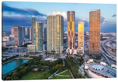 Miami Downtown Skyline Sunrise Reflection Aerial Canvas Art Print - Miami Art