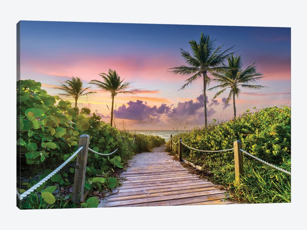 Wooden Beach Path and Palm Trees at Sunrise, Miami Florida 1-piece Canvas Art Print
