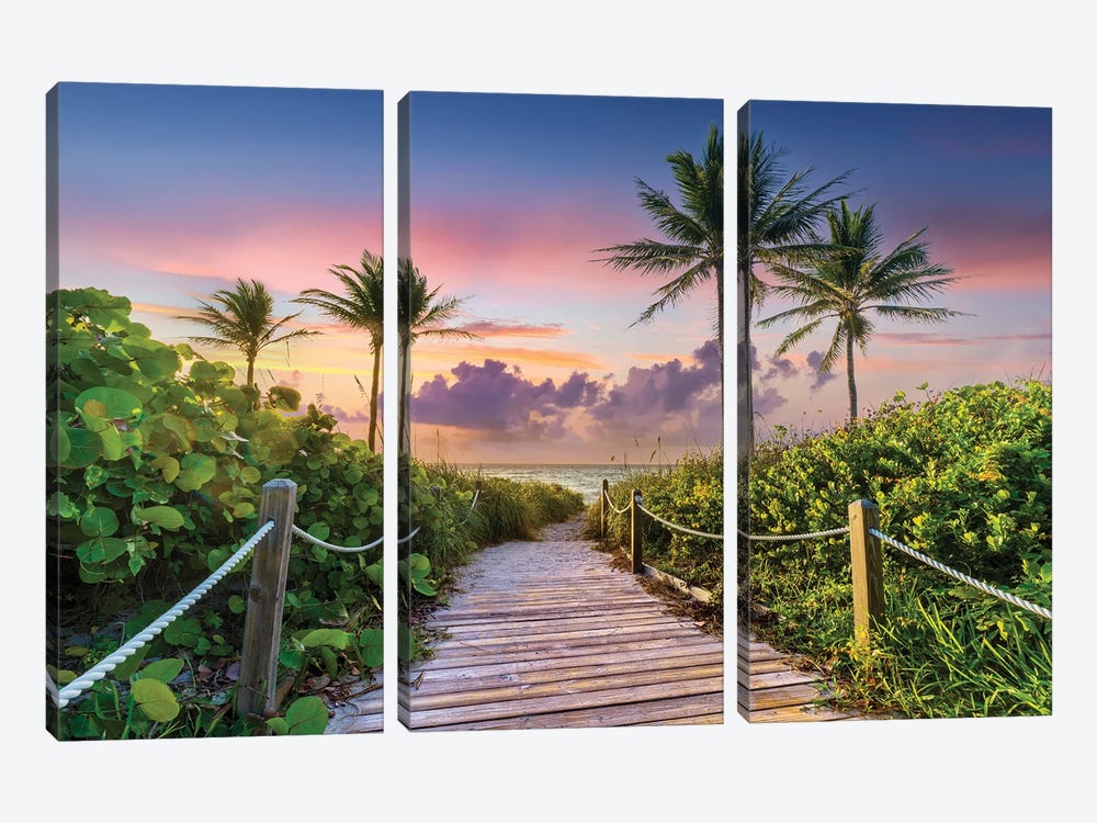 Wooden Beach Path and Palm Trees at Sunrise, Miami Florida by Susanne Kremer 3-piece Art Print