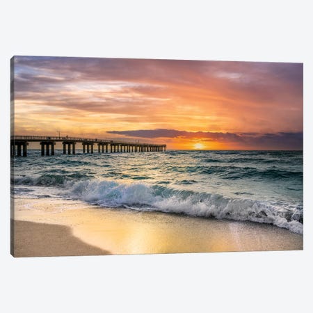 Summer Sunrise at the Beach with Fishing Pier, Miami Florida Canvas Print #SKR545} by Susanne Kremer Canvas Art Print