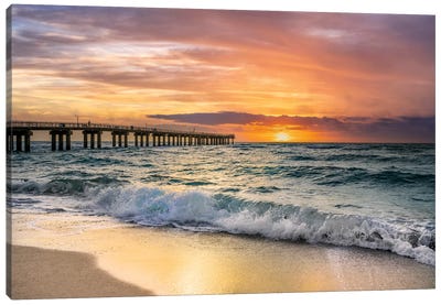 Summer Sunrise at the Beach with Fishing Pier, Miami Florida Canvas Art Print - 3-Piece Beach Art