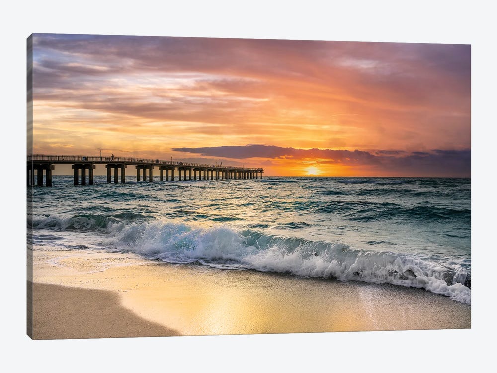 Summer Sunrise at the Beach with Fishing Pier, Miami Florida by Susanne Kremer 1-piece Canvas Art