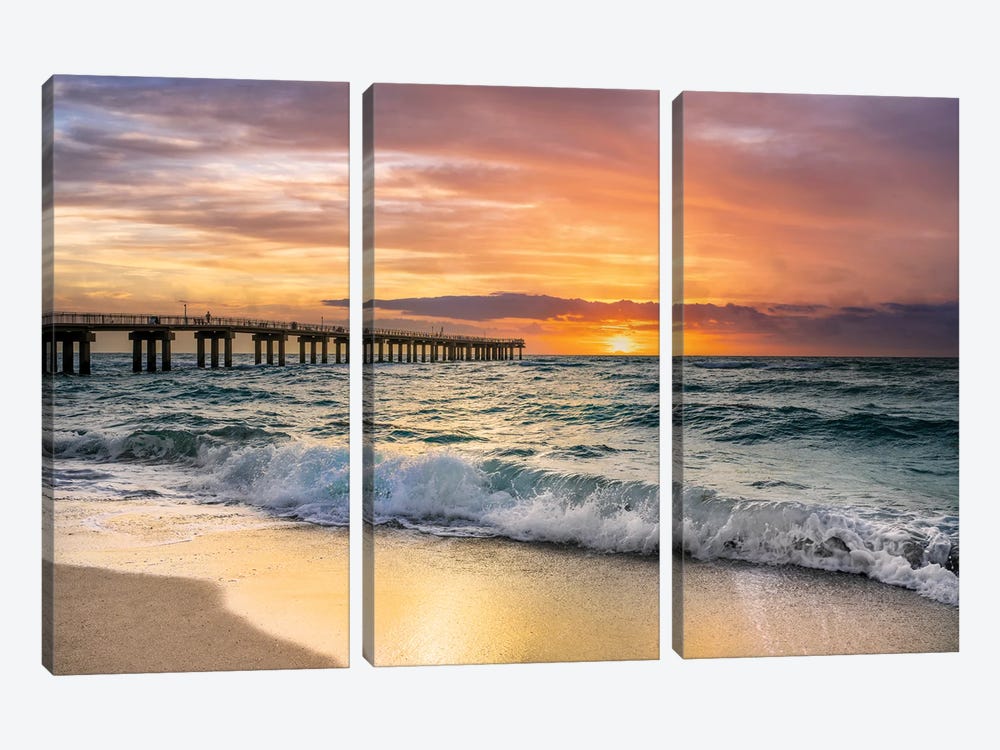 Summer Sunrise at the Beach with Fishing Pier, Miami Florida by Susanne Kremer 3-piece Canvas Art
