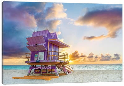 Miami Beach Lifeguard House In Lavender At Sunrise Canvas Art Print - Miami Beach