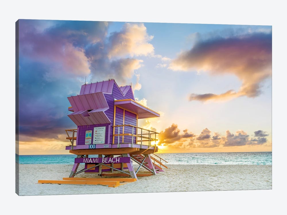 Miami Beach Lifeguard House In Lavender At Sunrise by Susanne Kremer 1-piece Canvas Wall Art