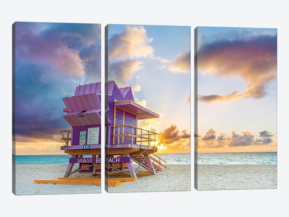 Miami Beach Lifeguard House In Lavender At Sunrise by Susanne Kremer 3-piece Canvas Art