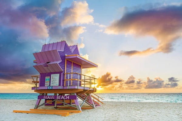 Miami Beach: Miami Beach Lifeguard House In Lavender At Sunrise by Susanne Kremer