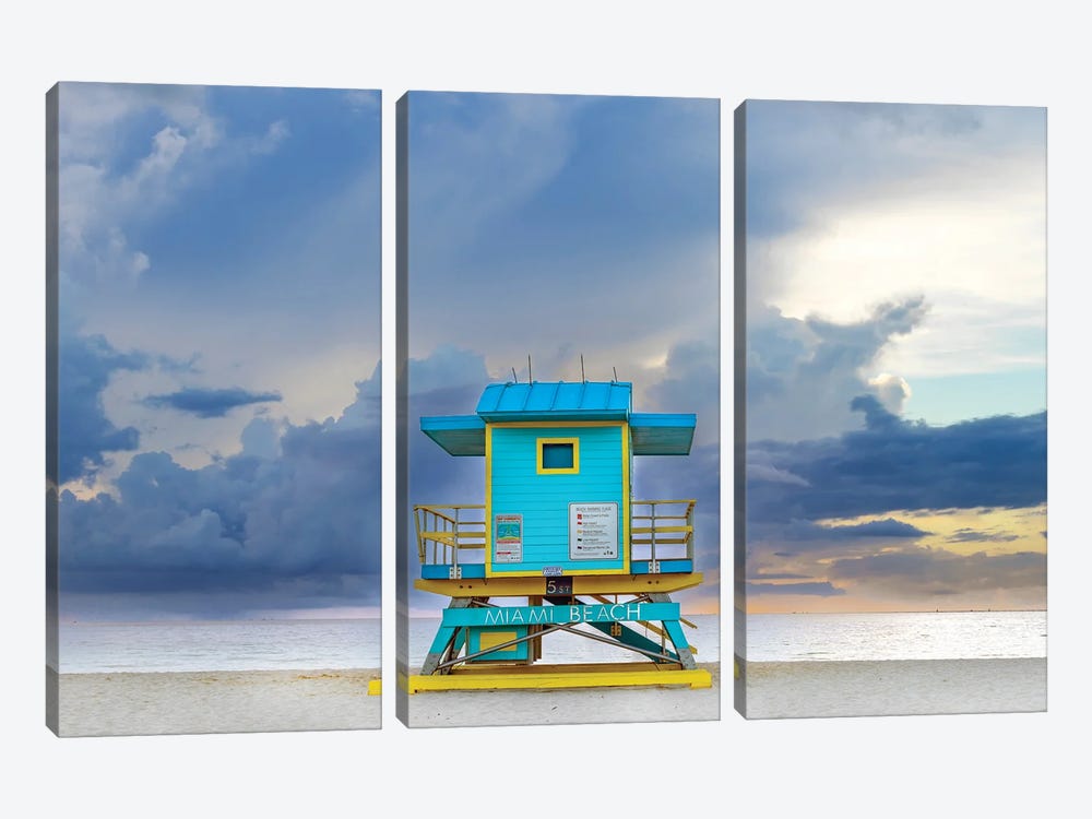 Miami Beach Turquoise Life Guard House Cloudy Morning by Susanne Kremer 3-piece Canvas Art