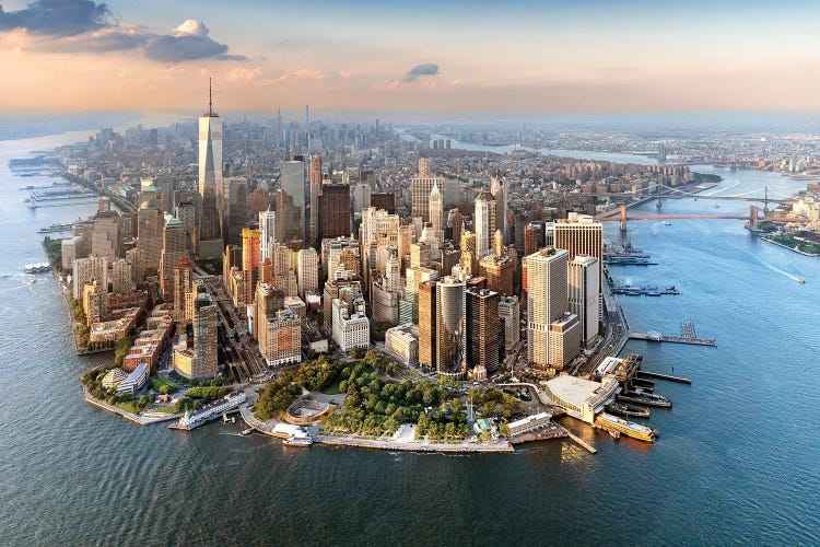 Lower Manhattan Peninsula, Aerial View Sunset New York City, NY, USA