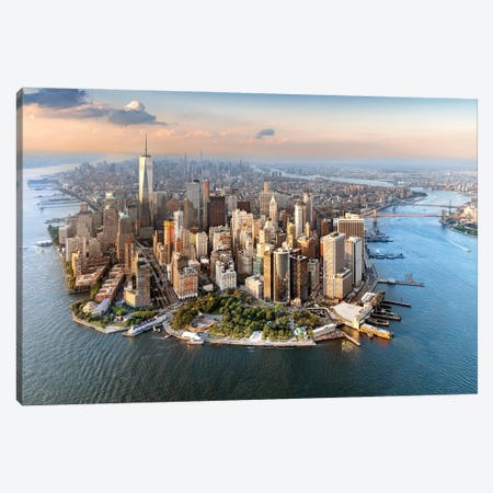 Lower Manhattan Peninsula, Aerial View Sunset New York City, NY, USA Canvas Print #SKR577} by Susanne Kremer Canvas Artwork