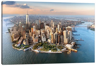 Lower Manhattan Peninsula, Aerial View Sunset New York City, NY, USA Canvas Art Print - Manhattan Art