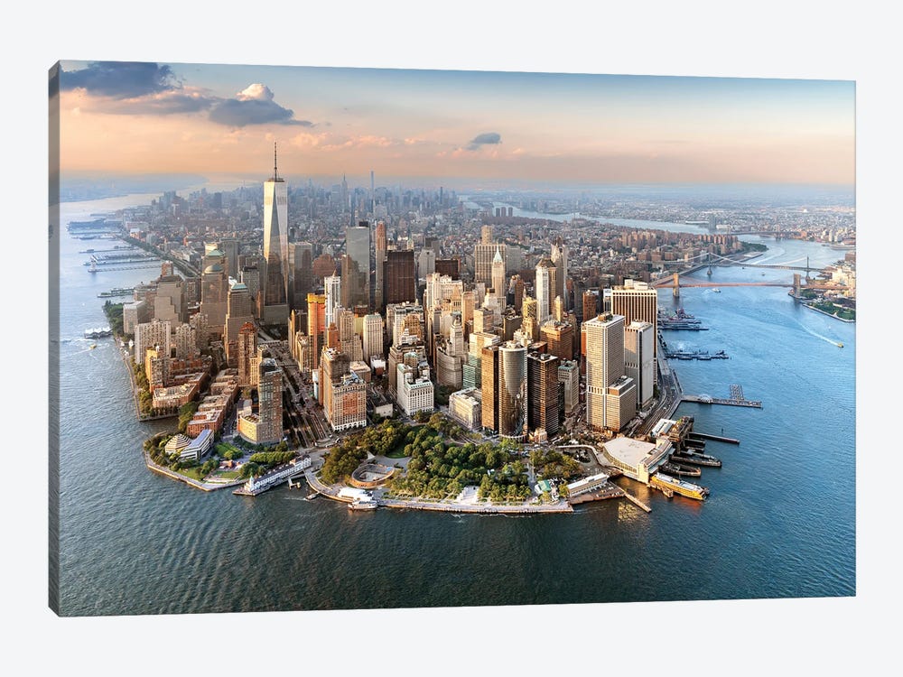 Lower Manhattan Peninsula, Aerial View Sunset New York City, NY, USA by Susanne Kremer 1-piece Art Print