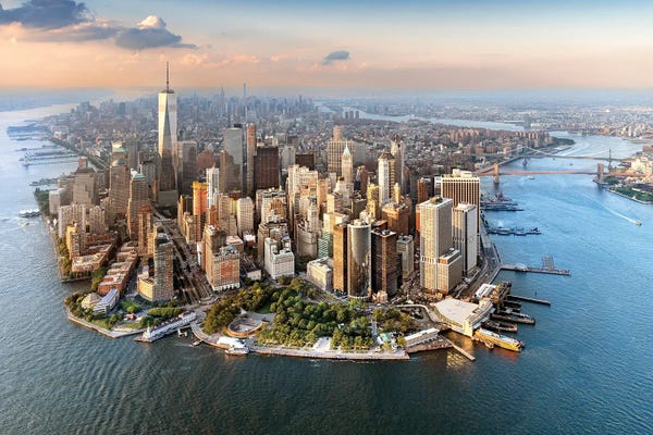 Manhattan: Lower Manhattan Peninsula, Aerial View Sunset New York City, NY, USA by Susanne Kremer