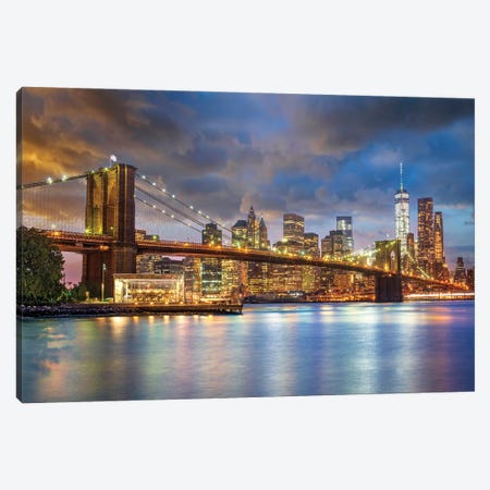 Brooklyn Bridge, New York City Skyline Illuminated, New York City, USA Canvas Print #SKR578} by Susanne Kremer Art Print