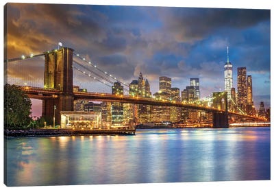 Brooklyn Bridge, New York City Skyline Illuminated, New York City, USA Canvas Art Print - Brooklyn Bridge