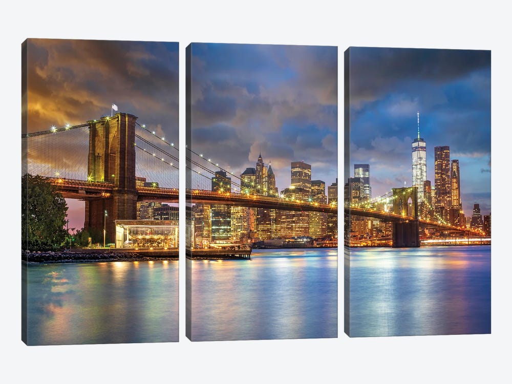 Brooklyn Bridge, New York City Skyline Illuminated, New York City, USA by Susanne Kremer 3-piece Canvas Wall Art