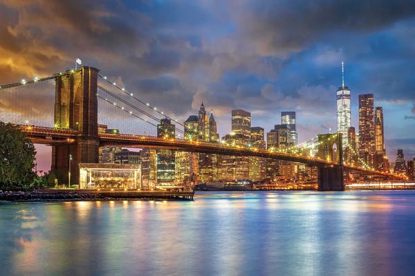 Brooklyn: Brooklyn Bridge, New York City Skyline Illuminated, New York City, USA by Susanne Kremer