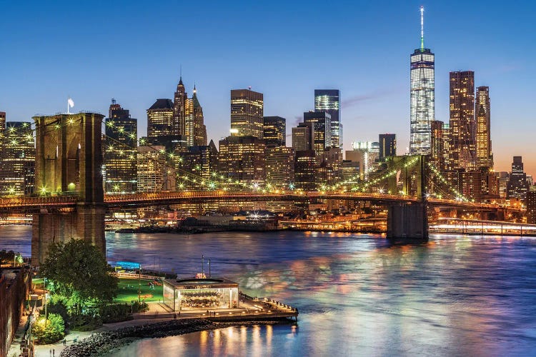 Brooklyn Bridge, New York City Skyline At Night, New York City, USA