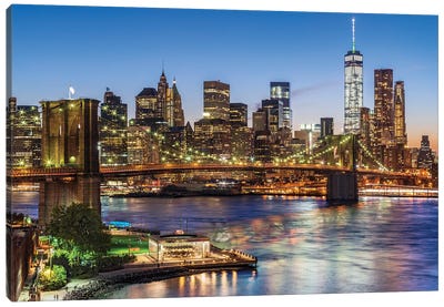 Brooklyn Bridge, New York City Skyline At Night, New York City, USA Canvas Art Print - Brooklyn Bridge