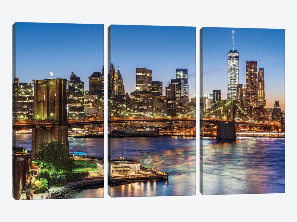 Brooklyn Bridge, New York City Skyline At Night, New York City, USA by Susanne Kremer 3-piece Art Print