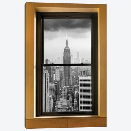 New York City Window Empire State Building Black And White Canvas Print #SKR582} by Susanne Kremer Canvas Wall Art