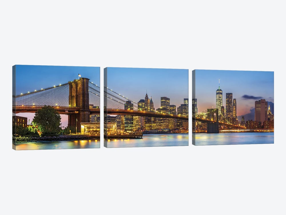 Manhattan And Brooklyn Bridge Skyline New York City by Susanne Kremer 3-piece Canvas Artwork