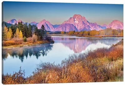Oxbow Bend Grand Teton Sunrise Alpen Glow In Autumn Canvas Art Print - Rocky Mountain Art