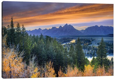Snake River Dramatic Sunset In Autumn, Grand Teton Canvas Art Print - Wyoming Art