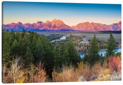 Snake River Grand Teton Sunrise Panoramic View Canvas Art Print - Mountain Sunrise & Sunset Art