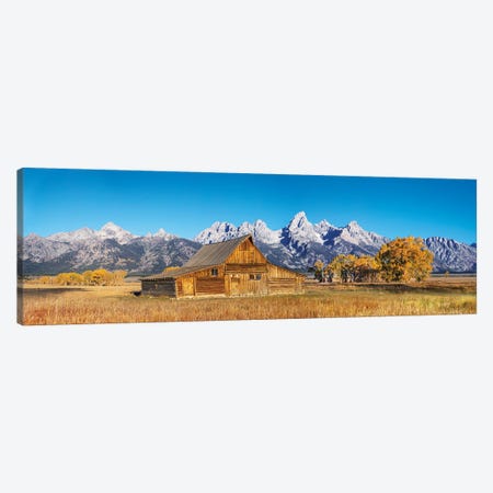 Grand Teton In Golden Fall, Panoramic View Canvas Print #SKR633} by Susanne Kremer Canvas Wall Art