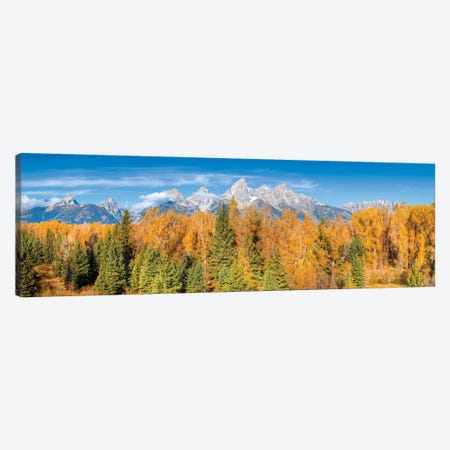 Grand Teton Golden Panoramic View In Fall Canvas Print #SKR636} by Susanne Kremer Canvas Art Print