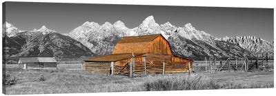 Grand Teton Barn Panoramic View Black And White Canvas Art Print - Mountains Scenic Photography