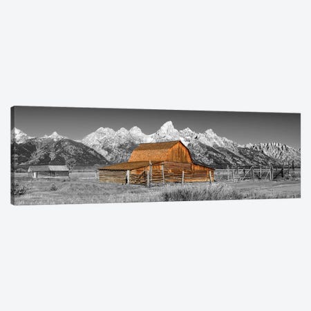 Grand Teton Barn Panoramic View Black And White Canvas Print #SKR646} by Susanne Kremer Canvas Wall Art