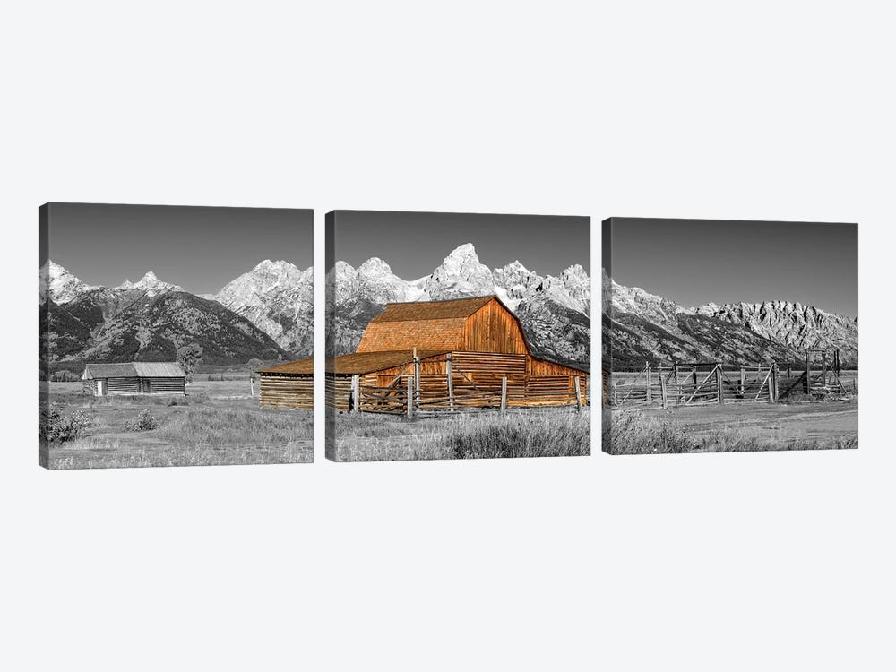 Grand Teton Barn Panoramic View Black And White 3-piece Canvas Print
