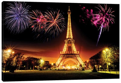 Eiffel Tower Illuminated At Night  Canvas Art Print - Fireworks