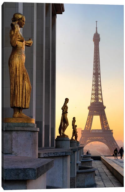 Eiffel Tower Sunrise From The Troqadero  Canvas Art Print - Sculpture & Statue Art