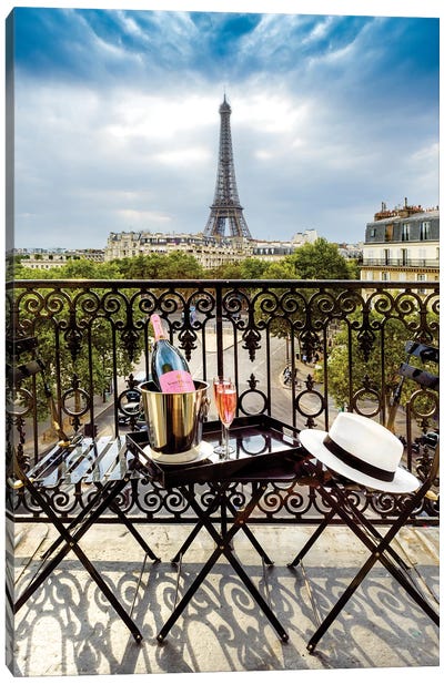 Eiffel Tower, Champ de Mars, Rose Champagne on Balcony Canvas Art Print - Champagne Art
