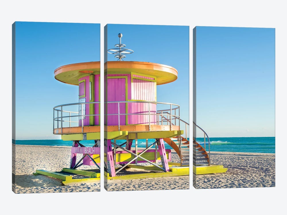Sunny Beach Day Miami Florida, Pink by Susanne Kremer 3-piece Canvas Art Print