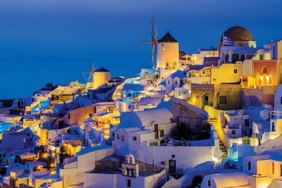 Illuminated Windmills, Santorini, Greece by Susanne Kremer framed canvas print