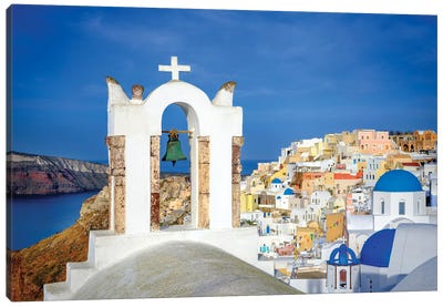 One Church Bell, Oia, Santorini, Greece Canvas Art Print - Blue Domed Church Santorini